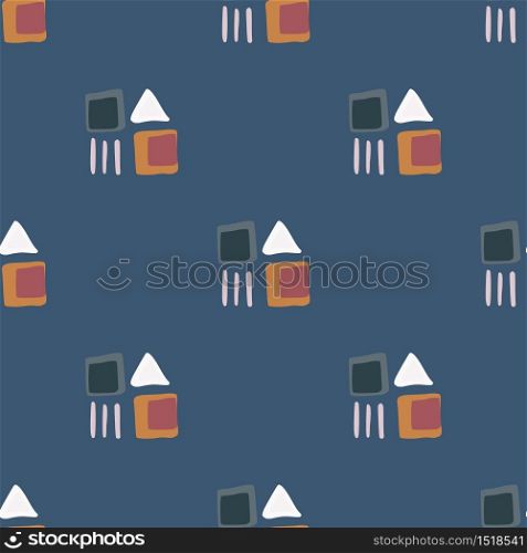 Abstract square and triangular shapes seamless pattern on blue background. Geometric ethnic wallpaper. Decorative backdrop for fabric design, textile print, wrapping. Vector illustration. Abstract square and triangular shapes seamless pattern on blue background. Geometric ethnic wallpaper.