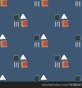 Abstract square and triangular shapes seamless pattern on blue background. Geometric ethnic wallpaper. Decorative backdrop for fabric design, textile print, wrapping. Vector illustration. Abstract square and triangular shapes seamless pattern on blue background. Geometric ethnic wallpaper.