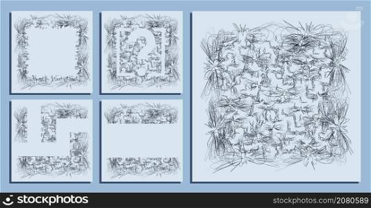 abstract square backgrounds of small hand drawn chaotic loop lines. Random children doodles of scribbles. Isolated vector