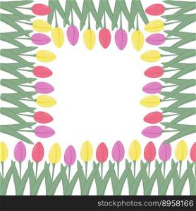 Abstract square Floral frame of colorful blooming tulips in trendy pale shades. Copyspase. Isolate. 8 March. Woman day. Nice for wrapping, print, poster or price, label, greeting or invitation. EPS