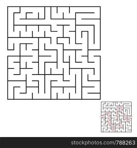Abstract square labyrinth with a black stroke. An interesting game for children and adults. Simple flat vector illustration isolated on white background. With the answer.