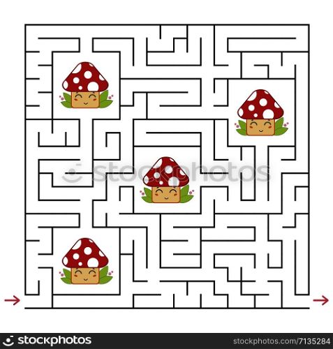 Abstract square maze. An interesting and useful game for children. Collect all the cute mushrooms. Simple flat vector illustration isolated on white background. Abstract square maze. An interesting and useful game for children. Collect all the cute mushrooms. Simple flat vector illustration isolated on white background.