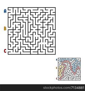 Abstract square maze. Game for kids. Puzzle for children. Find the right way to the exit. Labyrinth conundrum. Flat vector illustration isolated on white background. With the answer. Abstract square maze. Game for kids. Puzzle for children. Find the right way to the exit. Labyrinth conundrum. Flat vector illustration isolated on white background. With the answer.