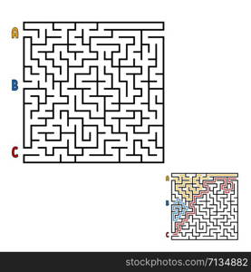 Abstract square maze. Game for kids. Puzzle for children. Find the right way to the exit. Labyrinth conundrum. Flat vector illustration isolated on white background. With the answer. Abstract square maze. Game for kids. Puzzle for children. Find the right way to the exit. Labyrinth conundrum. Flat vector illustration isolated on white background. With the answer.
