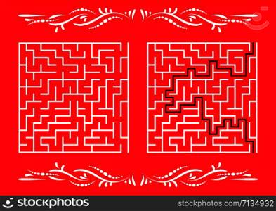Abstract square maze. Game for kids. Puzzle for children. One entrance, one exit. Labyrinth conundrum. Flat vector illustration isolated on color background. With answer. With a vintage border