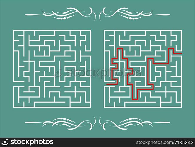 Abstract square maze. Game for kids. Puzzle for children. One entrance, one exit. Labyrinth conundrum. Flat vector illustration isolated on color background. With answer. With a vintage border