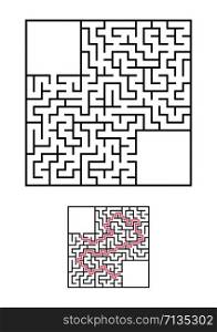 Abstract square maze. Game for kids. Puzzle for children. One entrances, one exit. Labyrinth conundrum. Vector illustration isolated on white background. With answer. With place for your image.