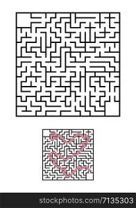 Abstract square maze. Game for kids. Puzzle for children. One entrances, one exit. Labyrinth conundrum. Simple flat vector illustration isolated on white background. With answer.