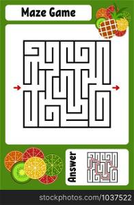 Abstract square maze. Kids worksheets. Activity page. Game puzzle for children. Cute cartoon tropical fruits. Labyrinth conundrum. Vector illustration. With answer. Abstract square maze. Kids worksheets. Activity page. Game puzzle for children. Cute cartoon tropical fruits. Labyrinth conundrum. Vector illustration. With answer.