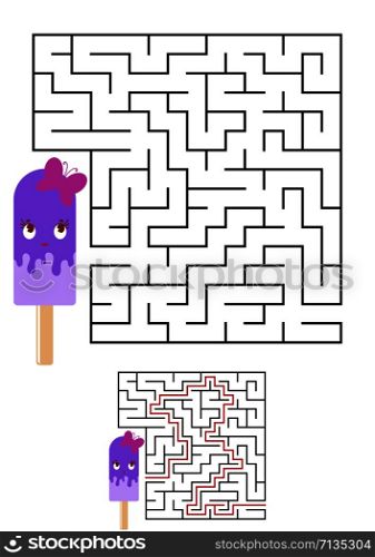 Abstract square maze. Kids worksheets. Game puzzle for children. Cute ice cream on a white background. One entrances, one exit. Labyrinth conundrum. Vector illustration. With the answer.