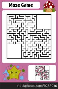 Abstract square maze. Kids worksheets. Game puzzle for children. Cute star and mushroom. One entrances, one exit. Labyrinth conundrum. Vector illustration. With answer. With place for your image.