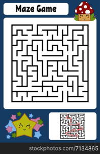 Abstract square maze. Kids worksheets. Game puzzle for children. Cute star and mushroom. One entrances, one exit. Labyrinth conundrum. Vector illustration. With answer.