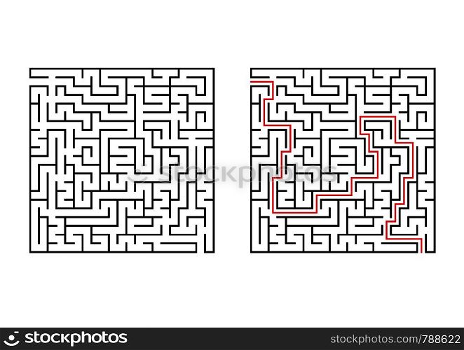 Abstract square maze. Simple flat vector illustration isolated on white background. With the answer. Abstract square maze. Simple flat vector illustration isolated on white background. With the answer.
