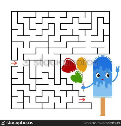 Abstract square maze with a cute color cartoon character. Funny ice cream. An interesting and useful game for children. Simple flat vector illustration isolated on white background. Abstract square maze with a cute color cartoon character. Funny ice cream. An interesting and useful game for children. Simple flat vector illustration isolated on white background.