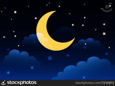 Abstract starry night sky with moon and clouds in cartoon style. Vector illustration