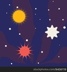 Abstract stars. Night starry sky. Cosmic flare. Galactic starlight. Astronomy exploration. Sun and planets. Dark cosmos with comets and asteroids. Space doodle background. Vector universe illustration. Abstract stars. Night starry sky. Galactic starlight. Astronomy exploration. Sun and planets. Dark cosmos with comets and asteroids. Space doodle background. Vector universe illustration