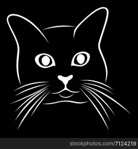 Abstract stencil of cute cat&rsquo;s muzzle with big eyes, black vector hand drawing on white background