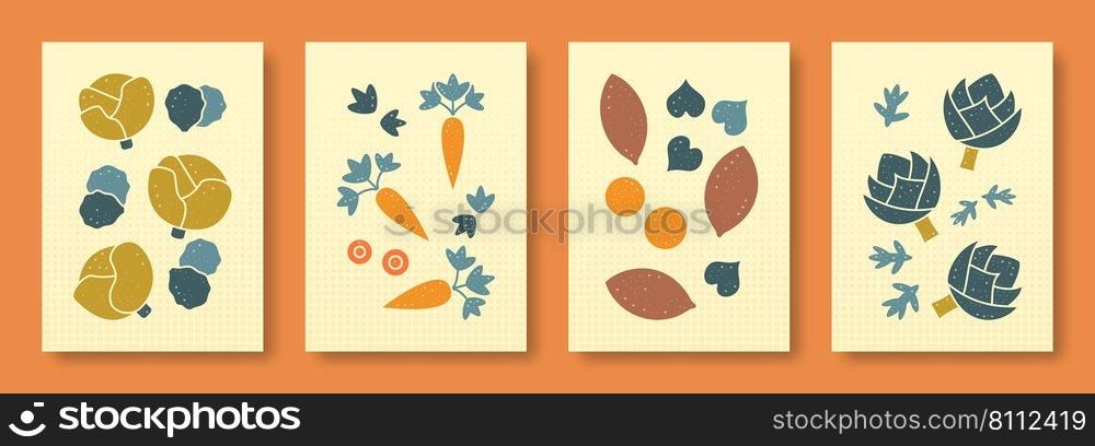 Abstract still life depicting vegetables on a colored background in pastel colors. Collection of contemporary art. Vector set of vegetables cabbage, artichoke, batat, parsnip for social media.. Abstract vector still life depicting vegetables on a colored background in pastel colors.Vector set of vegetables cabbage, artichoke, sweet potato, parsnip.