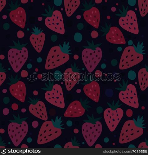 Abstract strawberry seamless pattern on a black background. Summer fruit hand drawn strawberries wallpaper. Template for kitchen design, package, home textile. Vector illustration. hand drawn strawberry with leaves and dot seamless pattern