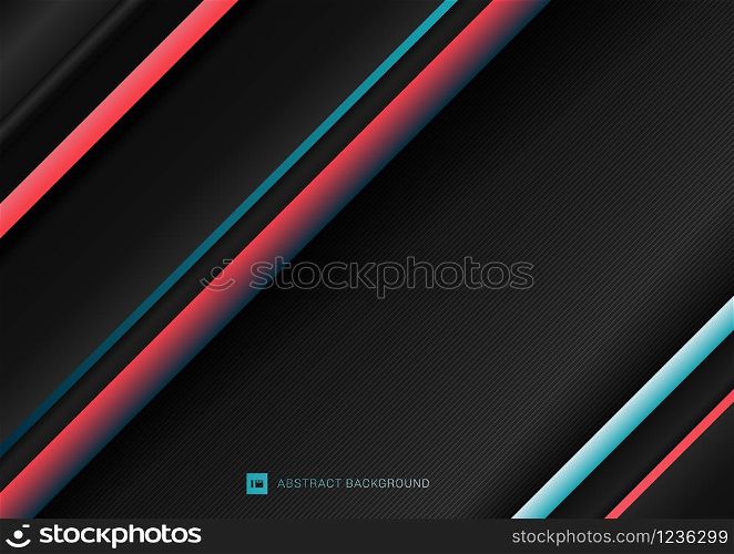 Abstract stripe diagonal geometric lines pattern blue and red on black background with space for your text. Vector illustration
