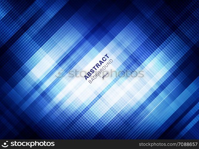 Abstract striped blue grid pattern with lighting on dark background. Geometric squares overlapping design technology style. You can use for cover design, brochure, poster, advertising, print, leaflet, etc. Vector illustration