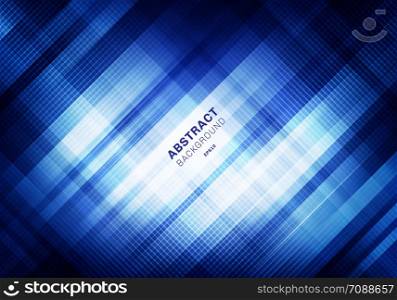Abstract striped blue grid pattern with lighting on dark background. Geometric squares overlapping design technology style. You can use for cover design, brochure, poster, advertising, print, leaflet, etc. Vector illustration