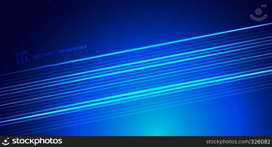 Abstract striped bright blue glowing lines on dark background technology style. Space for text. Vector illustration