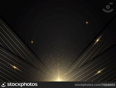 Abstract stripes golden lines diagonal overlap with light effect on black background. Luxury style. Vector illustration