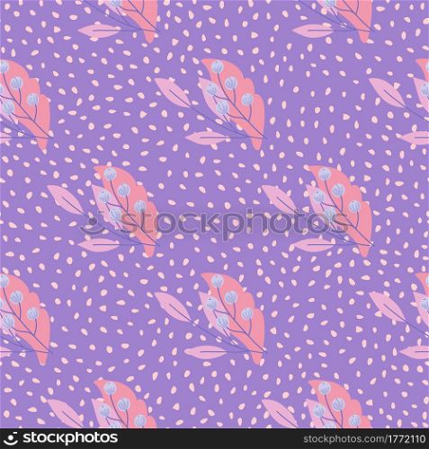 Abstract style organic seamless pattern with pink berry rowan and foliage ornament. Purple background with dots. Designed for fabric design, textile print, wrapping, cover. Vector illustration.. Abstract style organic seamless pattern with pink berry rowan and foliage ornament. Purple background with dots.