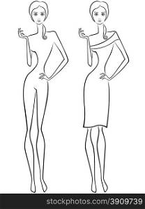 Abstract stylish slender women two vector outlines. Abstract slender women two outlines