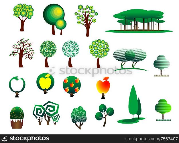 Abstract stylized cartoon style tree icons isolated on white colored background, suitable for ecology, environment and bio design