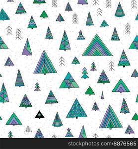 Abstract stylized fir tree seamless pattern.. Hand drawn winter forest vector illustration. Winter background.