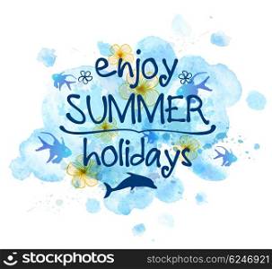 Abstract summer background with blue watercolor blots and tropical fish