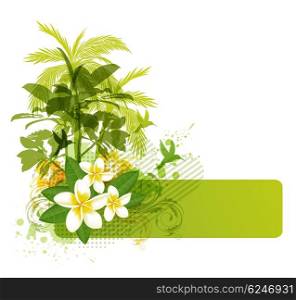 Abstract summer background with green palms and tropical flowers