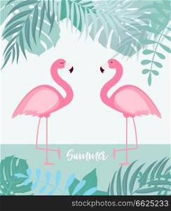 Abstract Summer Background with Palm Leaves and Flamingo. Vector Illustration EPS10. Abstract Summer Background with Palm Leaves and Flamingo. Vector Illustration