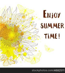 Abstract summer background with sunflower and butterflies. Enjoy summer time lettering.
