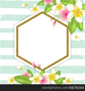 Abstract summer floral vector tropical background with plumeria flowers and green leaves . Abstract summer floral vector tropical background