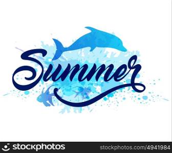 Abstract summer marine background with silhouette of blue dolphin and lettering