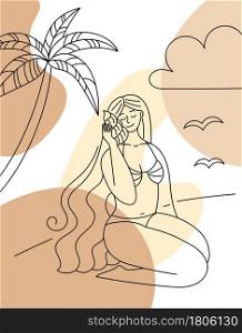 Abstract summer poster. Beach background, line art design with abstract spots. Outline illustration