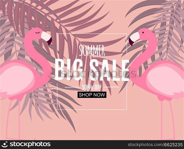 Abstract Summer Sale Background with Flamingo and Palm Leaves. Vector Illustration EPS10. Abstract Summer Sale Background with Flamingo and Palm Leaves. Vector Illustration