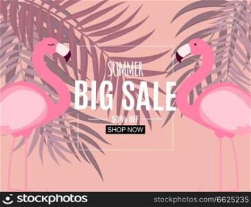Abstract Summer Sale Background with Flamingo and Palm Leaves. Vector Illustration EPS10. Abstract Summer Sale Background with Flamingo and Palm Leaves. Vector Illustration