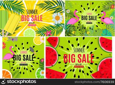 Abstract Summer Sale Background with Palm Leaves and Flamingo Template Collection Set. Vector Illustration EPS10. Abstract Summer Sale Background with Palm Leaves and Flamingo Template Collection Set. Vector Illustration