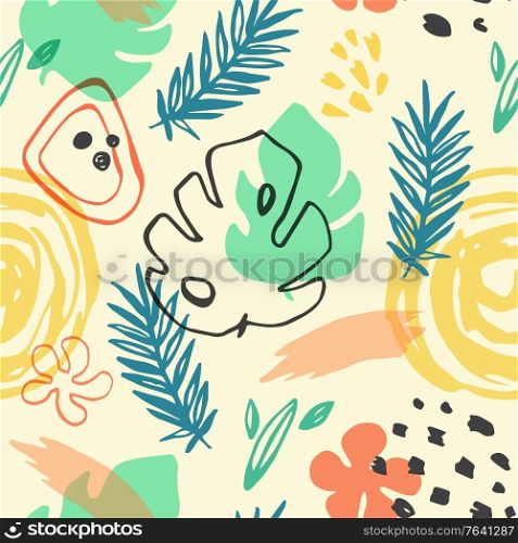 Abstract summer seamless pattern with green palm leaves. Vector background