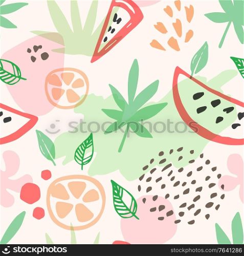 Abstract summer seamless pattern with watermelon and citrus fruit. Vector background