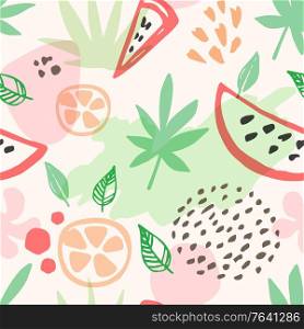 Abstract summer seamless pattern with watermelon and citrus fruit. Vector background