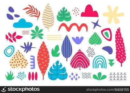 Abstract summer shape doodles, cutout leaves and geometric forms. Nature sticker elements, kids tropical background, colorful childish art for decoration. Vector contemporary minimal illustration. Abstract summer shape doodles, cutout leaves and geometric forms. Nature sticker elements, kids tropical background, colorful childish art for decoration. Vector contemporary illustration