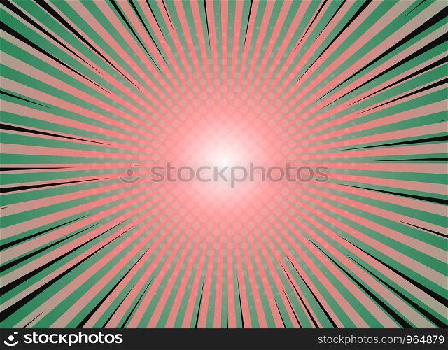 Abstract sun burst background vintage of halftone pattern design. Green and living coral colors with highlight of comic stripe. You can use for wallpaper, ad, cover, print. vector eps10
