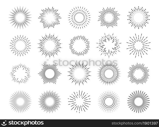 Abstract sunburst. Shining rounded rays, vintage graphic sun. Retro burst, isolated trendy fireworks. Boho radial ray emblem tidy vector set. Illustration radial shape ray, line sun graphic. Abstract sunburst. Shining rounded rays, vintage graphic sun. Retro burst, isolated trendy fireworks. Boho radial ray emblem tidy vector set