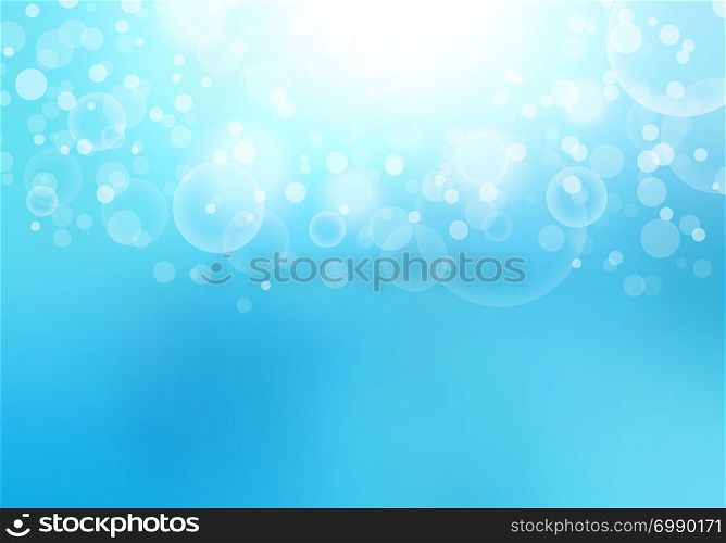 Abstract sunlight blurred blue sky background with bokeh lights effect and copy space. Vector illustration