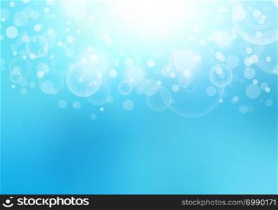 Abstract sunlight blurred blue sky background with bokeh lights effect and copy space. Vector illustration